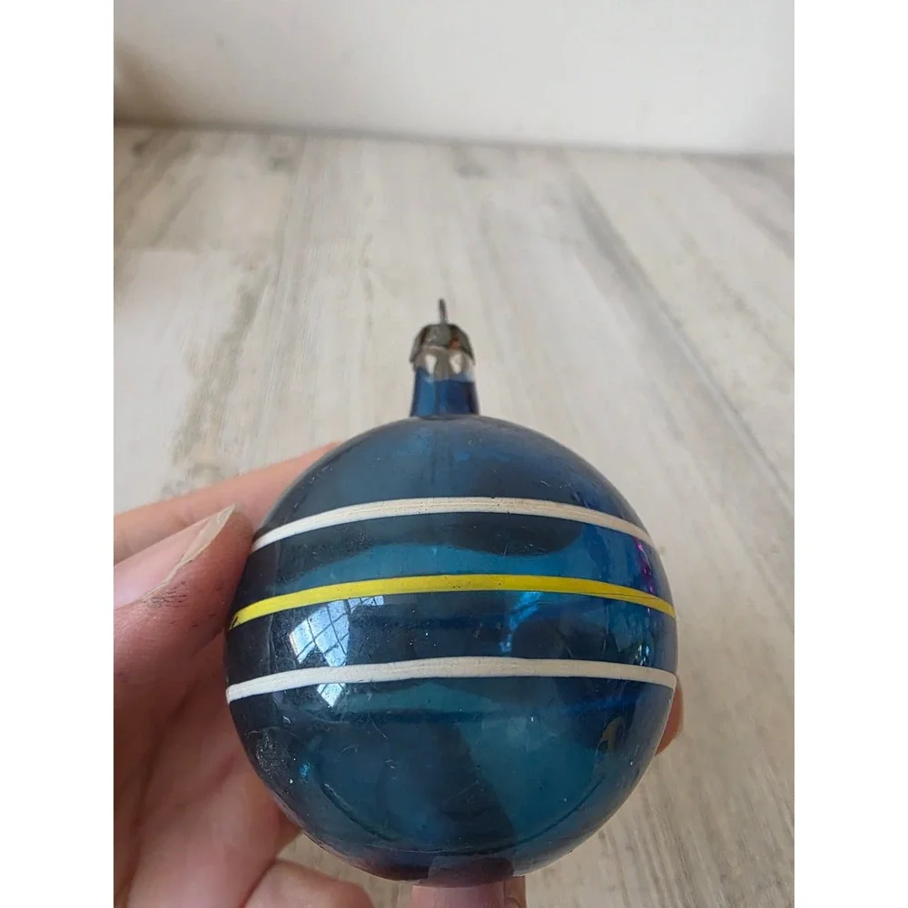 Vintage premier unsilvered blue striped glass ornament Xmas tree yellow white
